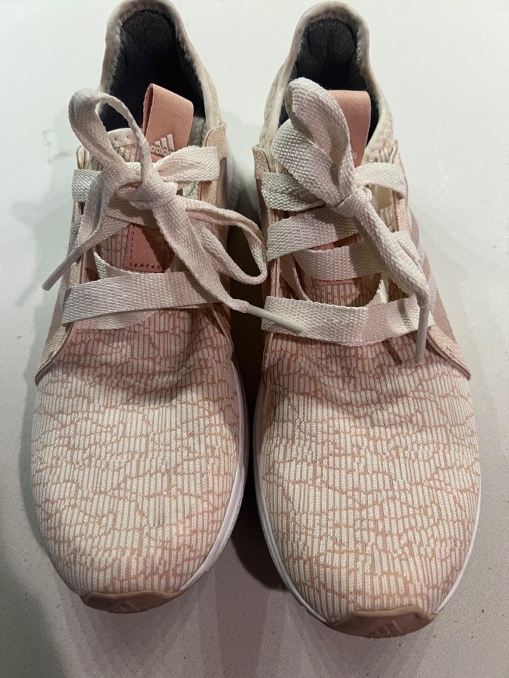 adidas Blush Pink and White Knit Running Shoes